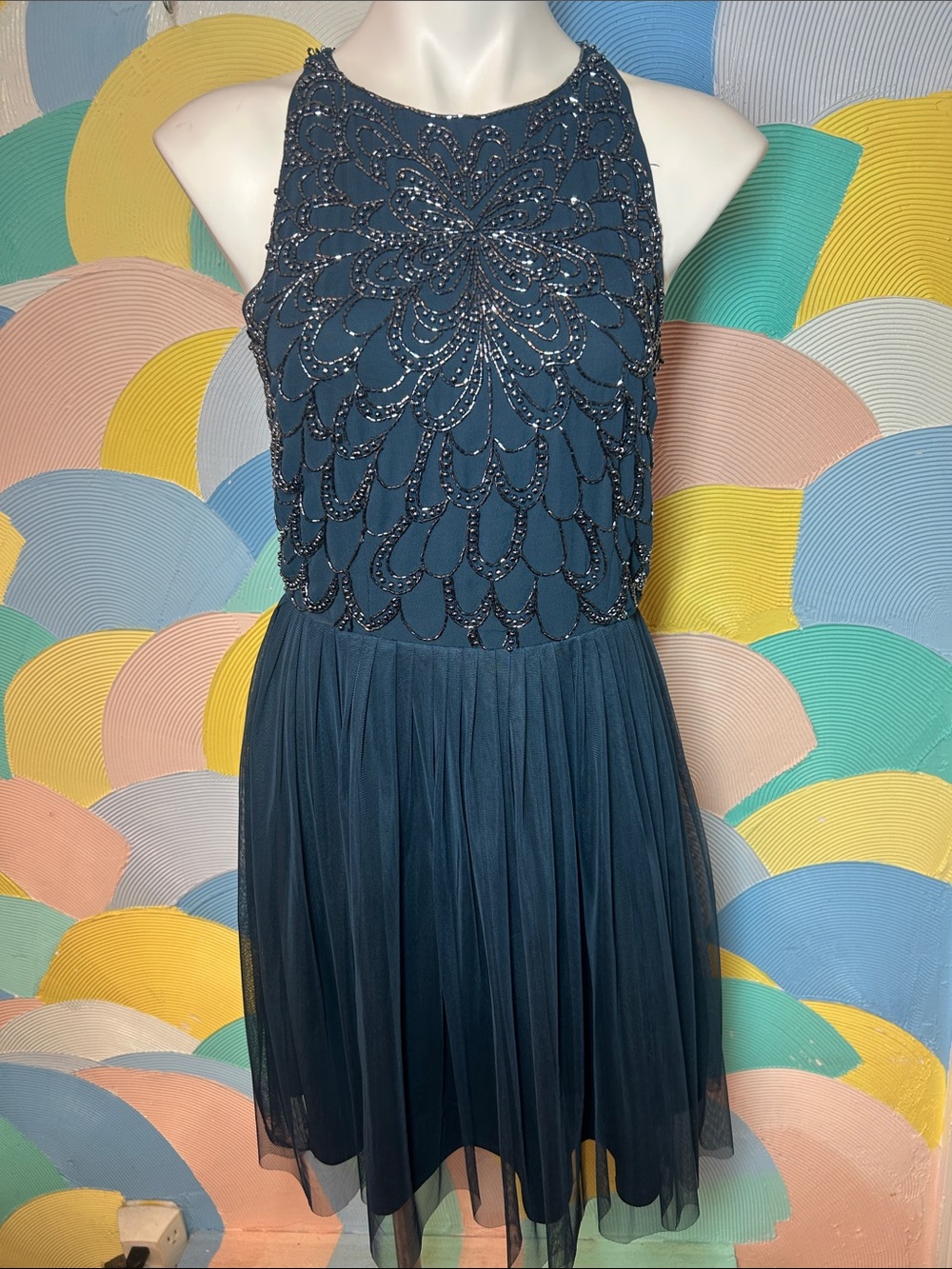 Lace & Beads Women's Navy Beaded Halter Fit & Flare Dress sz M